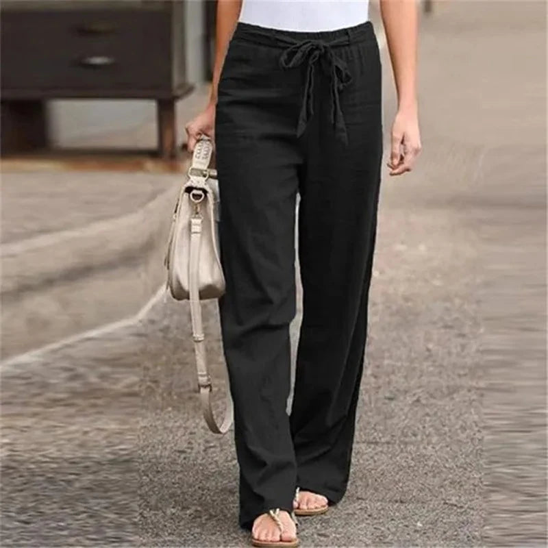 Women's Cotton Linen Wide Leg Pants | Elastic Waist Loose Straight Trousers | S–4XL