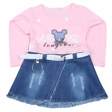 Girls Long Sleeve Frock | Light Pink Lycra & Denim Dress (Ages 3–4)