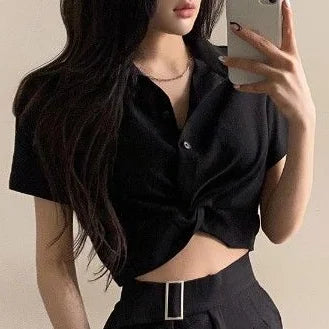 Turn-Down Collar Short Sleeve Slim Blouse – Korean Ulzzang Women's Casual Top