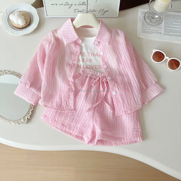 Senchi Girls Summer 3-Piece Set - Striped Sunscreen Shirt, Vest & Shorts