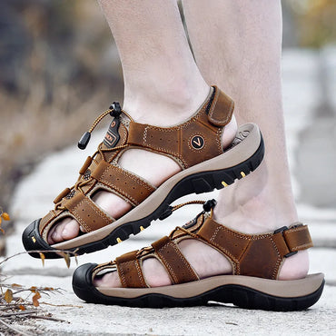 Men's Genuine Leather Outdoor Sandals - Closed-Toe Breathable Summer Shoes