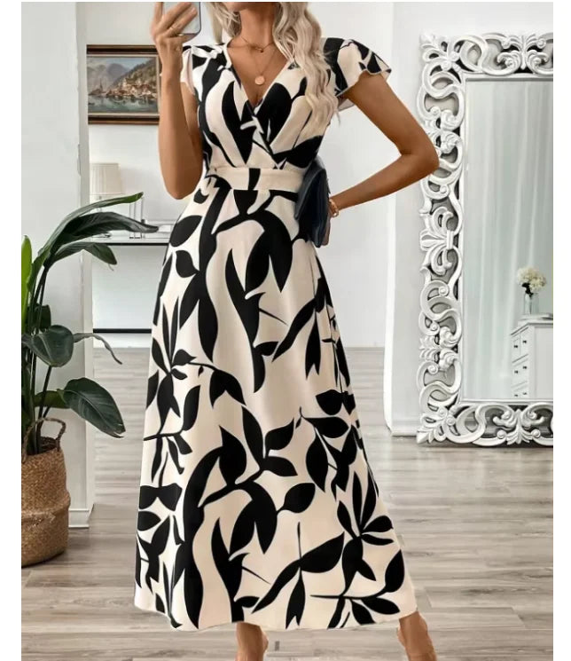 Deep V-Neck Printed Maxi Dress | Sexy Slim High Waist Short Sleeve Women's Summer Dress