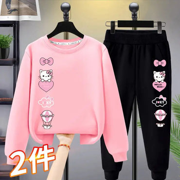 Girls' Pink Kitty Two-Piece Set — Cozy Sweatshirt & Jogger Outfit for Kids