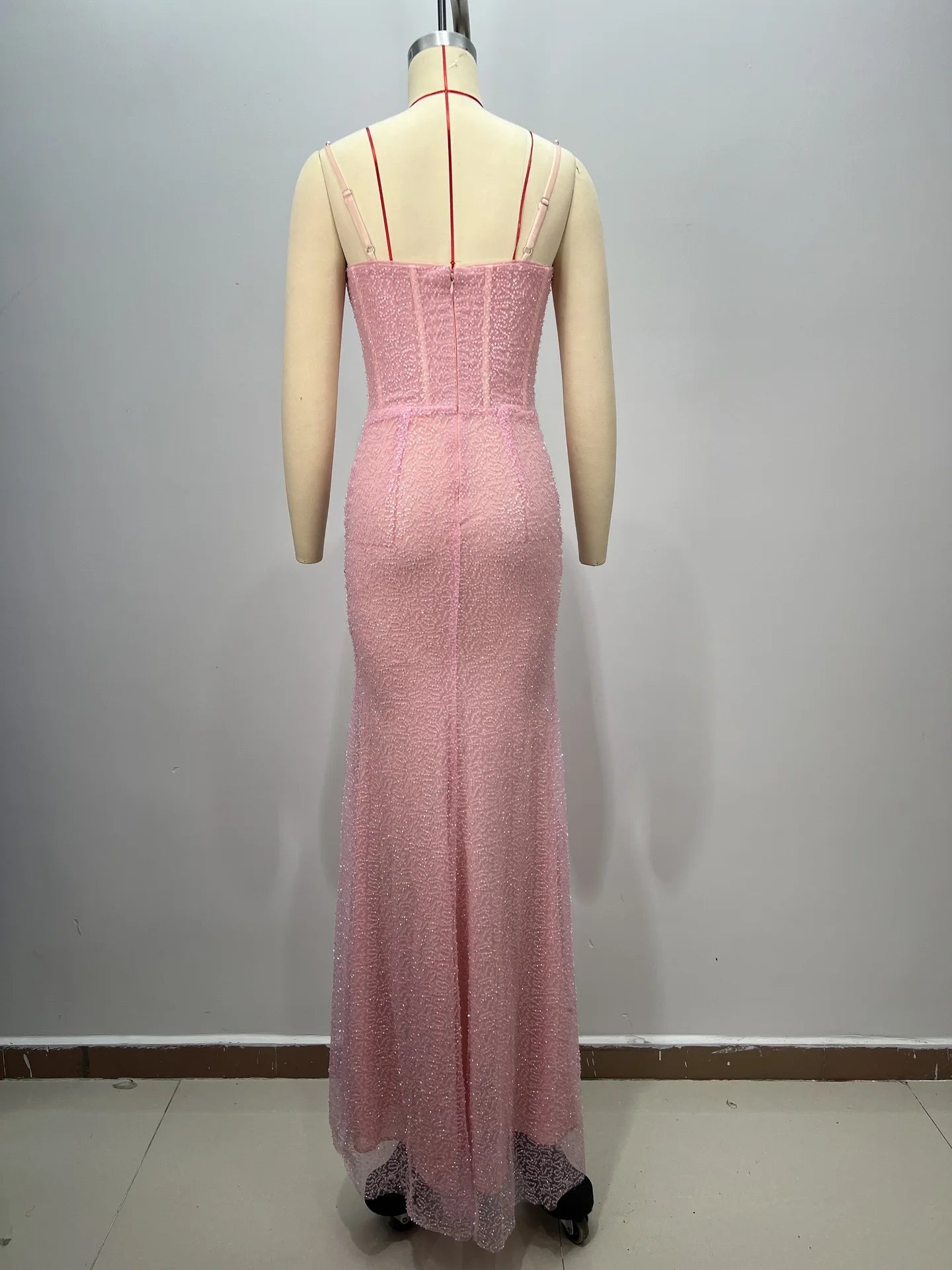 Beaded Sequin Mermaid Gown - Backless Evening Dress with Pearls