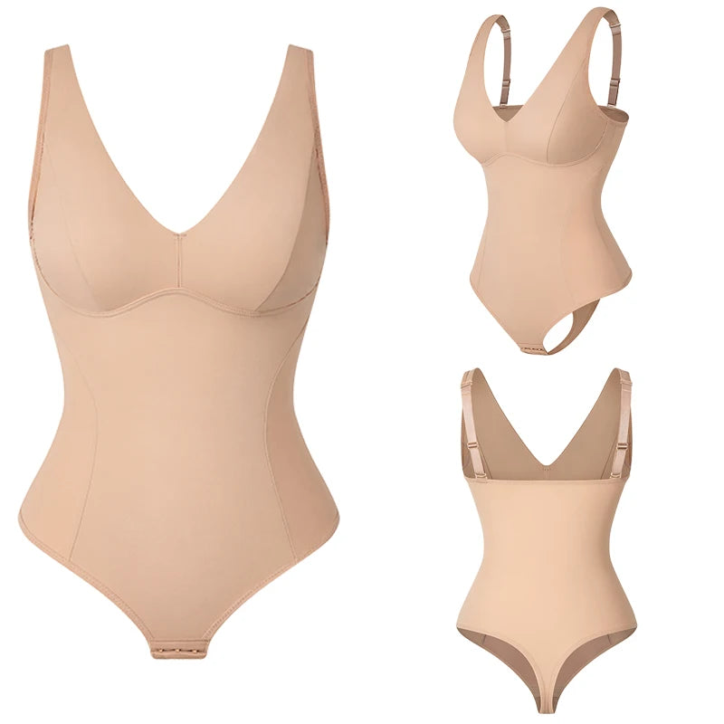 Women's Shapewear Bodysuit - V Neck Waist Trainer with Thong Design