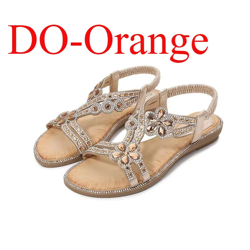 Women's Flower Diamond Flat Sandals - Cushioned Beach Slip-On Sandals