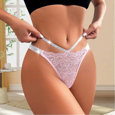 Sexy Lace Low-Rise Thong – Floral Hollow-Out Design with Silver Ribbon Detail