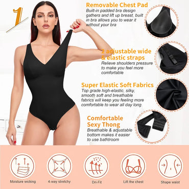 Women's Shapewear Bodysuit - V Neck Waist Trainer with Thong Design