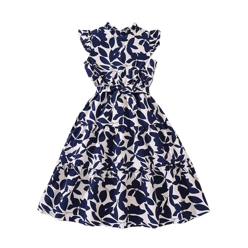 Girls Floral Flying Sleeve Princess Dress | Elegant A-Line Knee-Length Summer Dress Ages 7-15