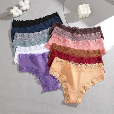 FINETOO 4PCS Sexy Lace Cotton Panties Women Brazilian Panties Ladies Sexy Low Waist Elastic T-Back Bikini Solid Soft Lingerie