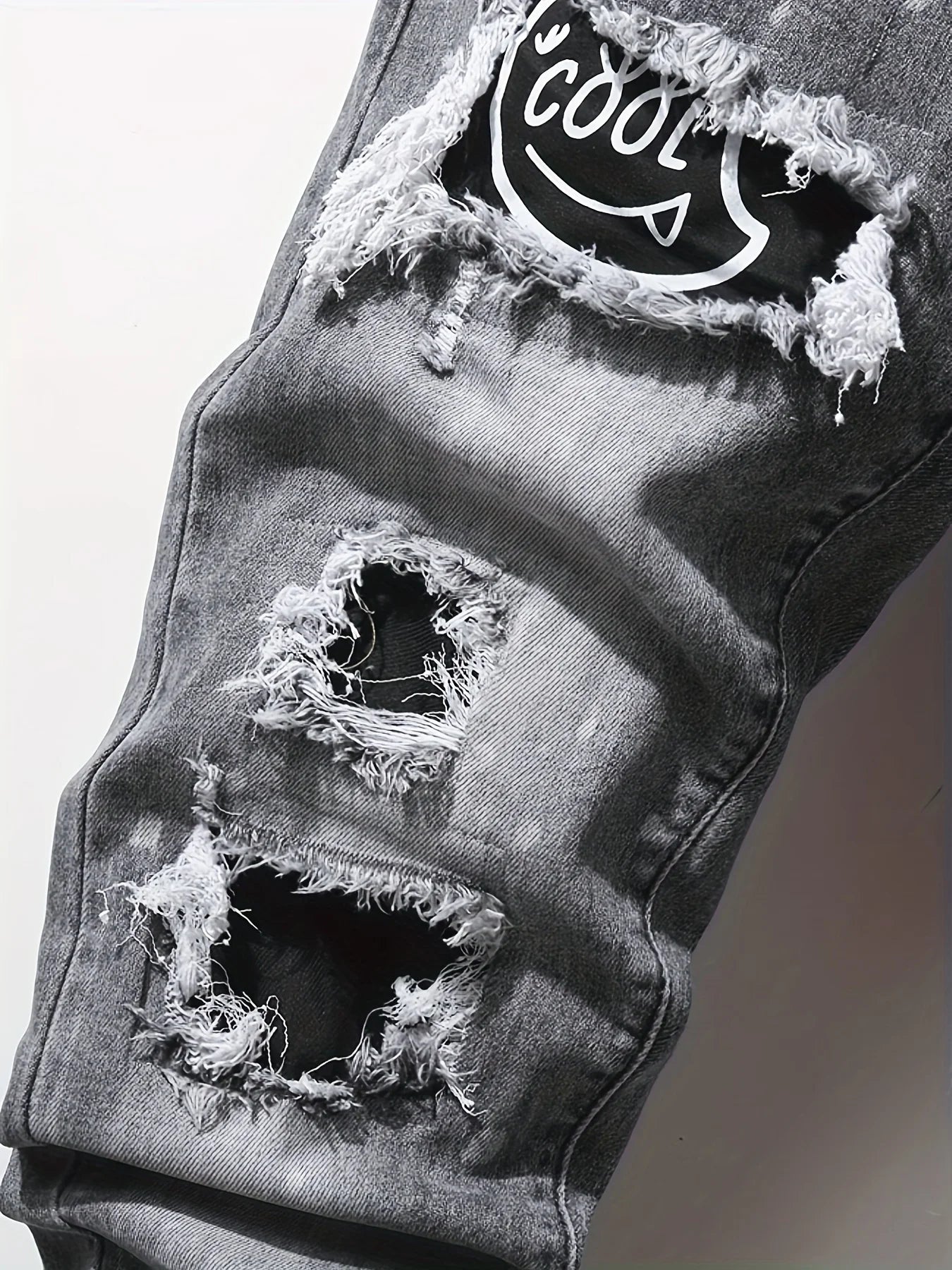 Men's Ripped Skinny Jeans | Slim Fit Patchwork Denim with Side Straps & Zipper Detail