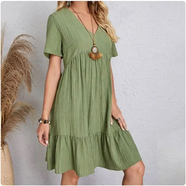 Vestido Peplum Mujer Verano - Cuello V Manga Corta con Volantes Cintura Suelta