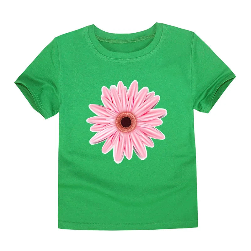 Girls 100% Cotton Flower Print T-Shirt | Sizes 2–14 Years | Pink & White