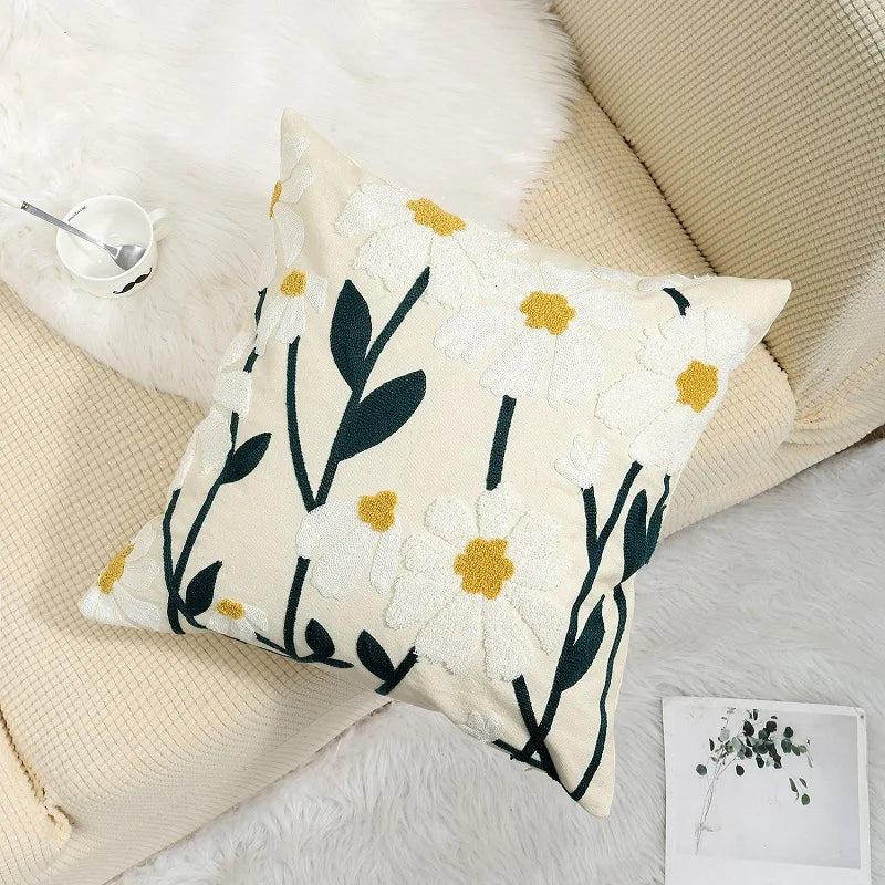 Floral Embroidered Cotton Pillow Cover - Rustic Decorative Cushion Case