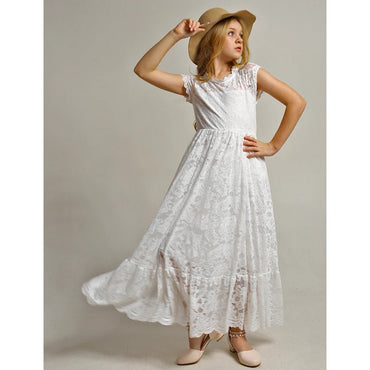 Lace Flower Applique Backless Gown – Elegant Girls' Party & Wedding Dress Ages 2–12