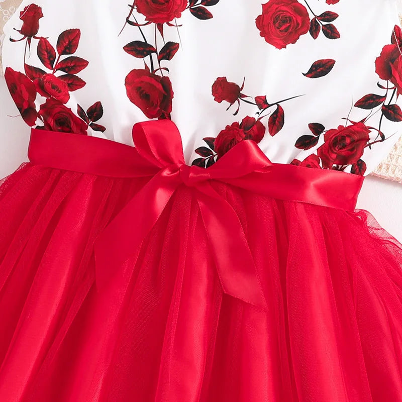 Girls Floral Princess Dress with Belt - Ruffled Sleeve Tulle Formal Dress