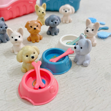 Set de 8 Perritos de Juguete con Canasta - Familia de Perros con Jaula para Juego Creativo