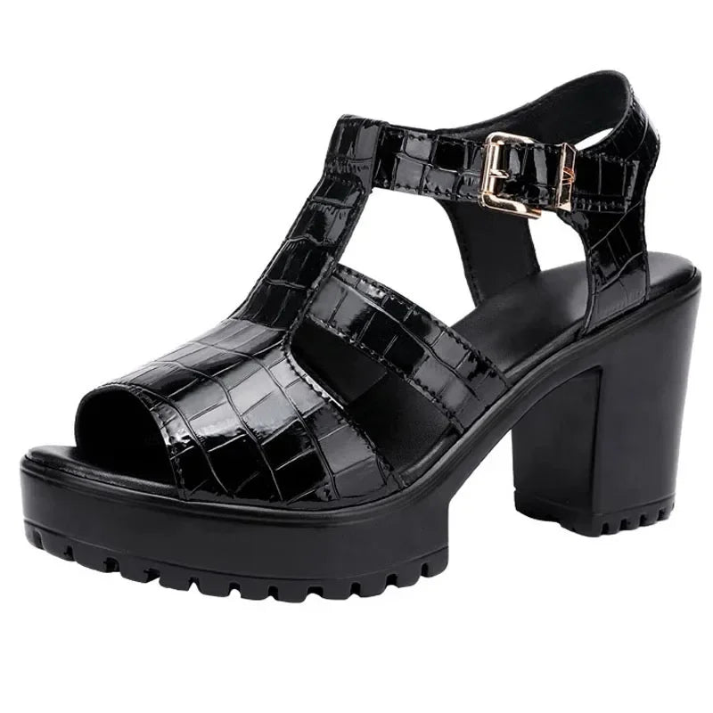 BEYARNE Patent Leather Block Heel Platform Sandals – Buckle Strap, High Heel | Women’s Sizes 3.5–15