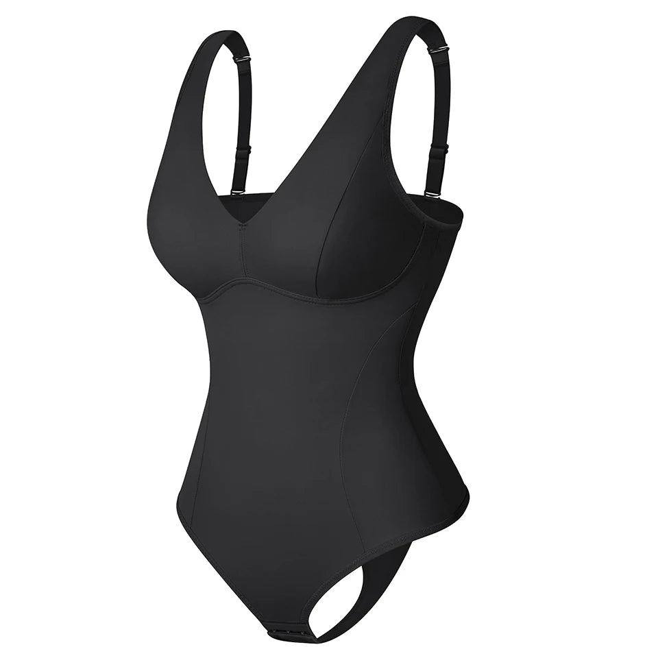 Deep V-Neck Thong Bodysuit Shapewear with Built-In Bra & Waist Trainer