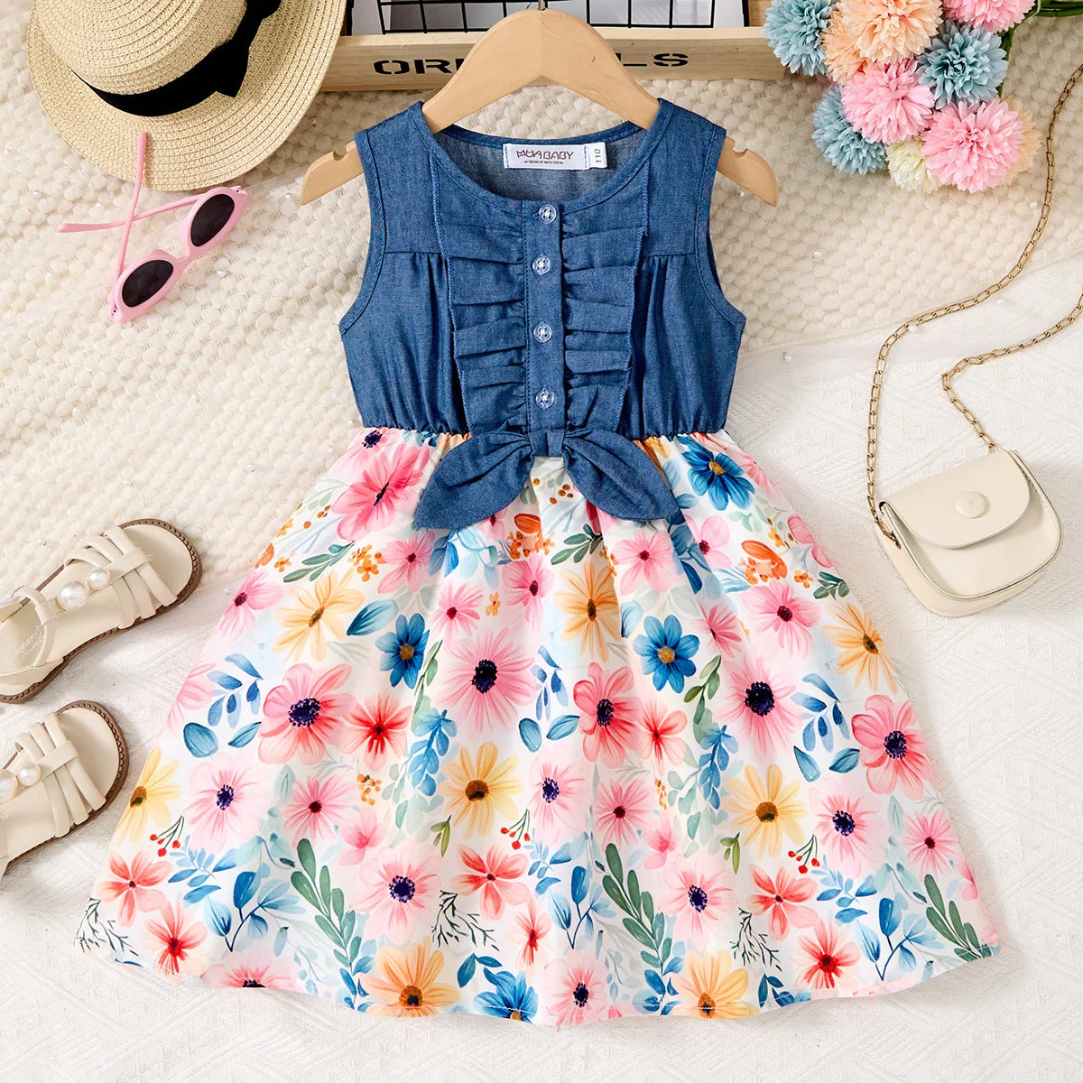 Girls Butterfly Flower Print Dress | Denim Splicing A-Line Skirt | Ages 2–10