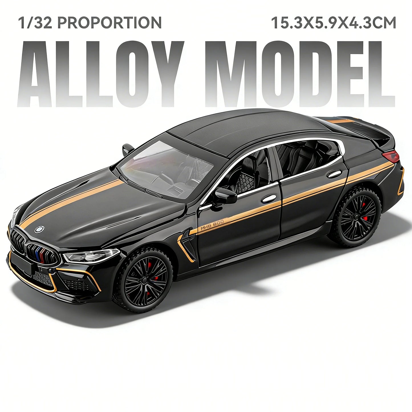 Modelo Auto BMW M8/M4 1:32 Aleación Diecast - Puertas Abren, Luz, Sonido y Pull Back Regalo Niños