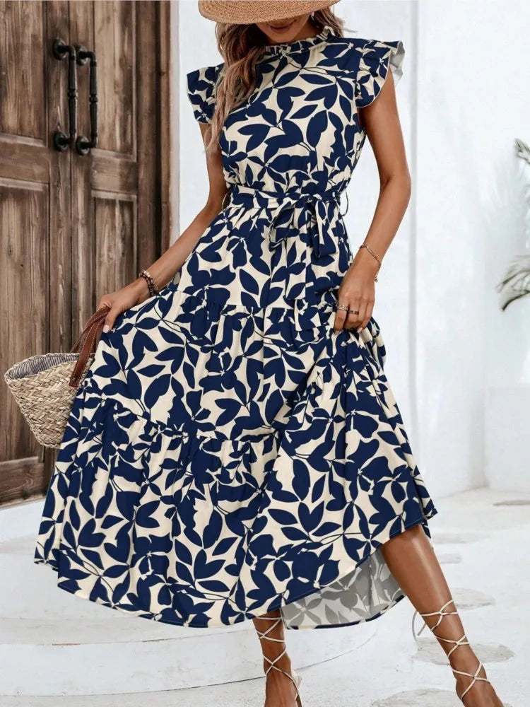 Floral Flying Sleeve Lace-Up Midi Dress | Elegant A-Line Empire Waist Women's Summer Dress