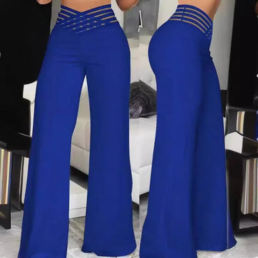 High Waist Loose Long Pants Wide Leg Pants Hollow out Belt Casual Loose Fit Ladies Fashion Polyester Fiber Printed