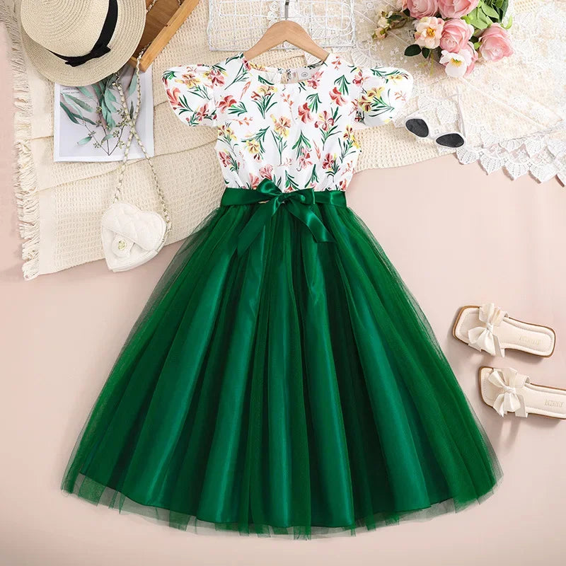 Lace Flower Applique Backless Gown – Elegant Girls' Party & Wedding Dress Ages 2–12