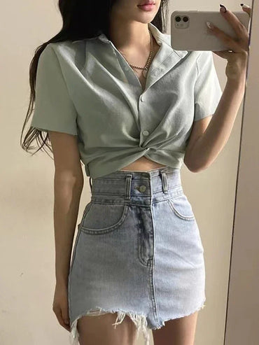 Cross-Front Turn-Down Collar Crop Blouse – Korean Chic Slim Fit Women's Summer Top