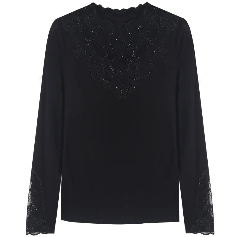 Elegant Lace Long Sleeve T-Shirt – Slim Fit Embroidered Floral Top
