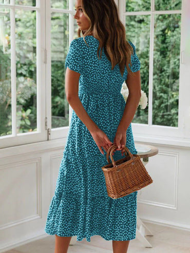 Floral Square Collar Puff Sleeve Midi Dress | A-Line Ruffle Women's Summer Party Dress