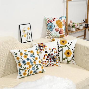 Floral Embroidered Cotton Pillow Cover - Rustic Decorative Cushion Case