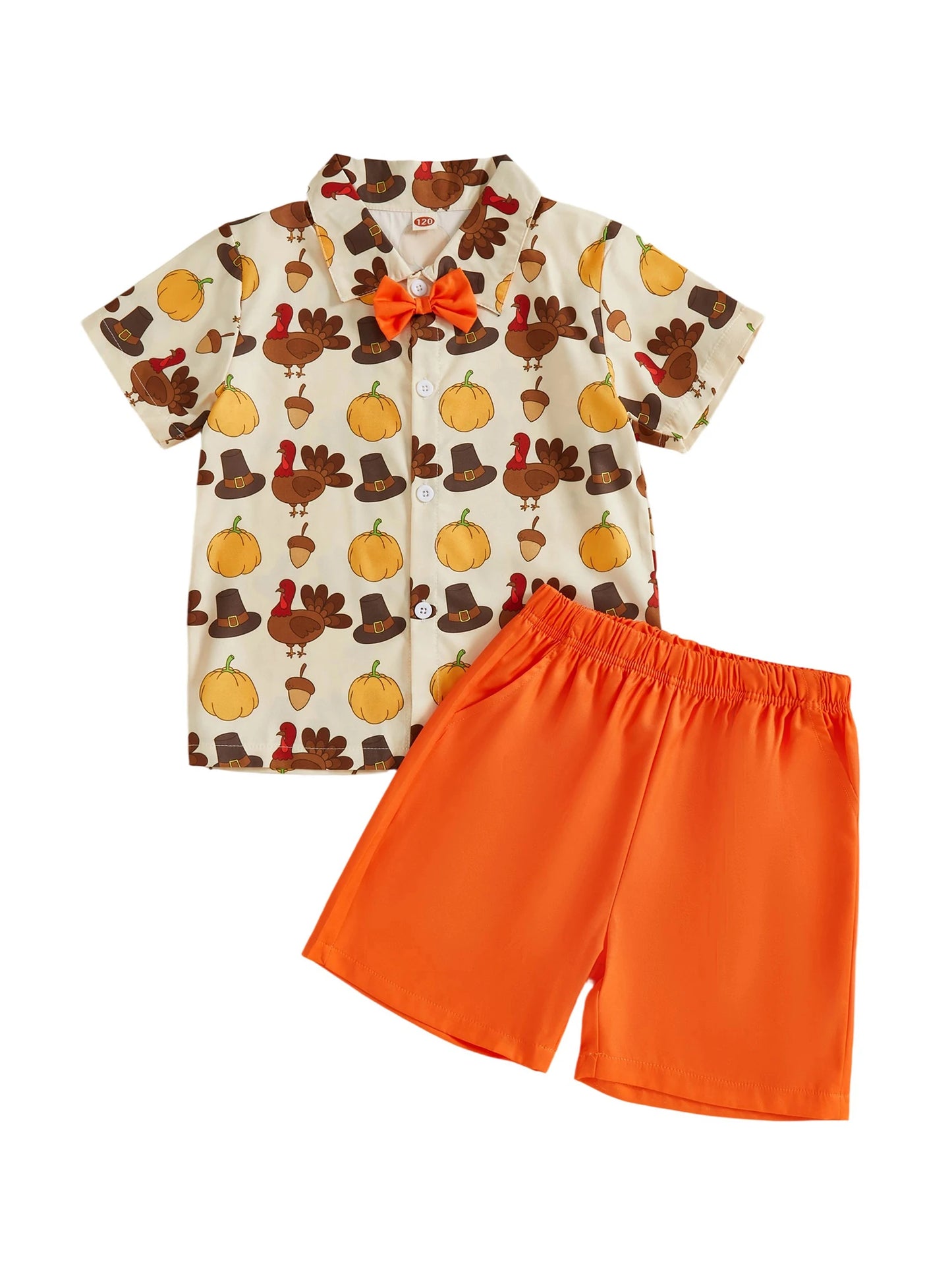 Baby Boys Thanksgiving Outfit Set Turkey and Pumpkin Print Long Sleeve Lapel Shirt Solid Shorts 2 Piece Clothes Set