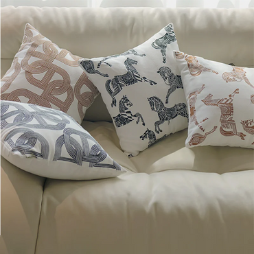 Retro Horse Jacquard Cushion Cover Set of 2 | Black White & Brown Sofa Pillow Cases