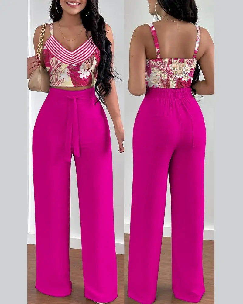 Women's V-Neck Shirred Crop Top & Wide Leg Pants Set | Elegant 2-Piece Office Suit