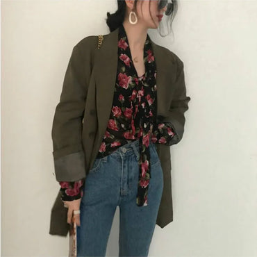 Retro Floral Lace-Up Bow Collar Long Sleeve Blouse – Korean Style Women's Top