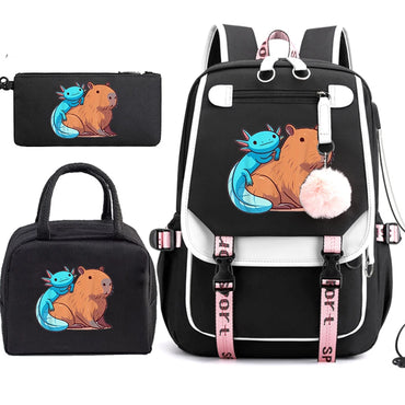 Mochila Escolar Anime Boba Axolotl con Lonchera y Estuche - Set 3 Piezas para Adolescentes