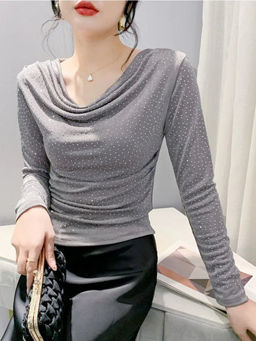 V-Neck Hot Diamond Long Sleeve T-Shirt | Slim Fit Shiny Women's Top
