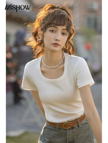 Camiseta Mujer Cuello Cuadrado - Manga Corta Algodón Elegante Oficina Primavera