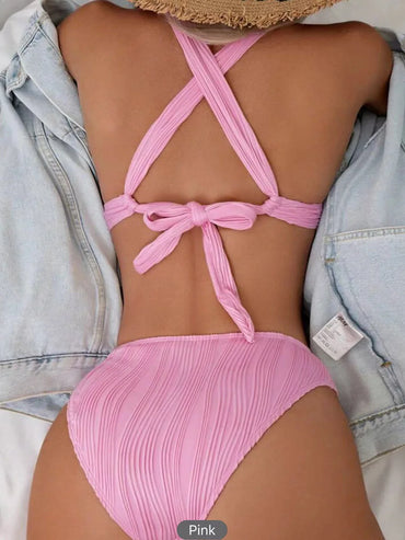 Cross String High Waist Bikini Set – Solid Color, Wire-Free, Padded | Women's Swimwear