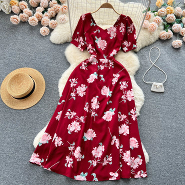 Contrast Color Print A-Line Midi Dress | Sweet High Waist Short Sleeve Women's Summer Dress