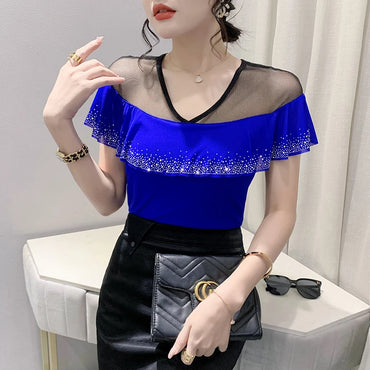 Women's Mesh Ruffle V-Neck Top | Butterfly Sleeve, Diamond Detail, Beach Summer Tee