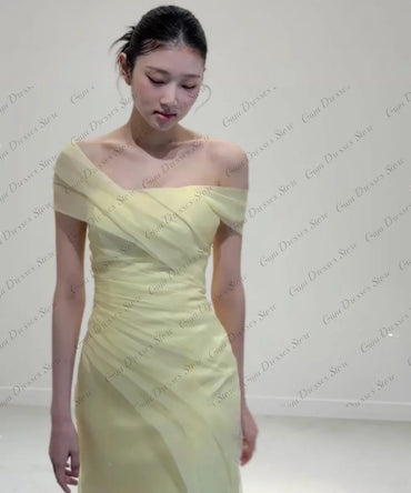 Giyu Yellow Organza Evening Gown - Off Shoulder A-Line Formal Dress