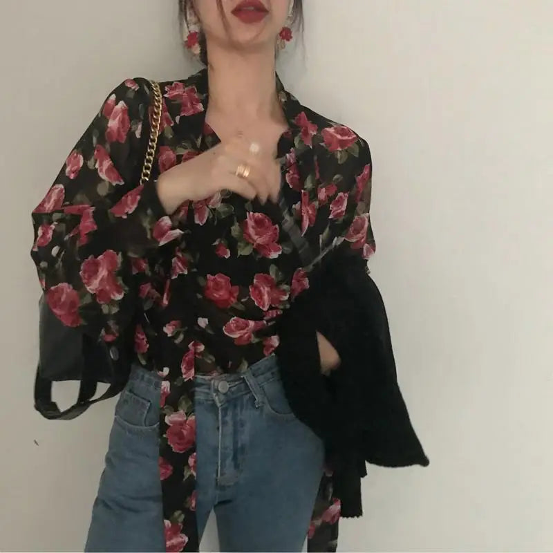 Retro Floral Lace-Up Bow Collar Long Sleeve Blouse – Korean Style Women's Top