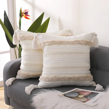 Boho Tufted Throw Pillow Cover with Tassels | Neutral Woven Cushion Case