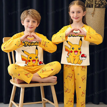 Cartoon Pijamas for Kids 3 to 5 7 9 11 13 Years Clothing Sets Boys Home Wear Girls Full Sleeve Pikachu Pajamas Teen Loungewear