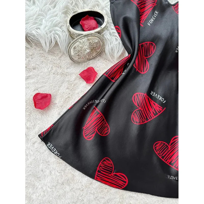 Camisón de Satén con Estampado de Labios Rojos - Vestido de Dormir Sexy Espalda Descubierta