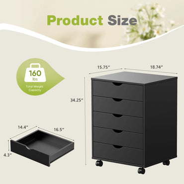 MCQ 5-Drawer Rolling Storage Cabinet | Mobile Dresser Chest for Bedroom, Living Room & Office