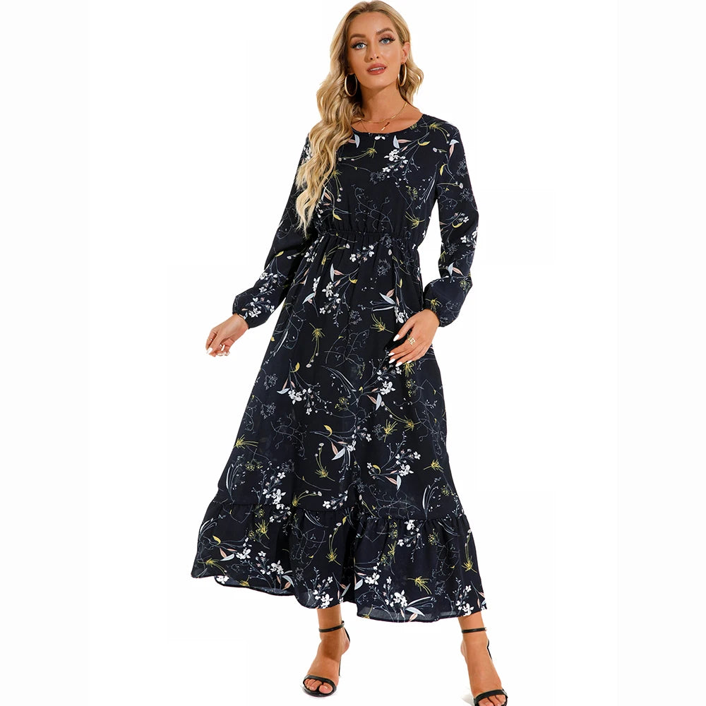 Vestido Maxi Mujer Bohemio - Manga Larga Cintura Alta Estampado Floral Chiffon Playa