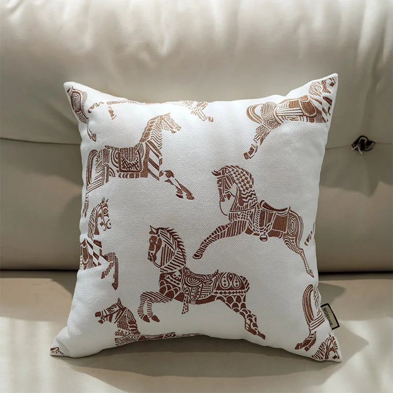 Retro Horse Jacquard Cushion Cover Set of 2 | Black White & Brown Sofa Pillow Cases